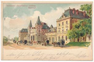 1899 (Vorläufer) Temesvár, Timisoara; Józsefvárosi indóház, vasútállomás, lovas hintók. Corvina kiadása / Bahnhof / railway station, horse chariots. Art Nouveau, litho