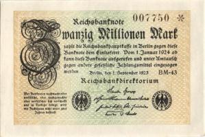 Német Birodalom / Weimari Köztársaság 1923. 20.000.000M (5x) egymás utáni sorszámokkal T:I