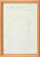 Aligi Sassu (1912-2000): Női arc. Ceruza, papír, Jelzett, Szabó György műkritikusnak dedikált. Üvegezett keretben 29x20 cm