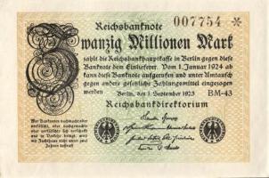 Német Birodalom / Weimari Köztársaság 1923. 20.000.000M (3x) egymás utáni sorszámokkal T:I