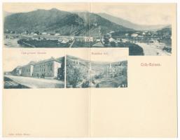 Gyimes, Csík-Gyimes, Ghimes; vasútállomás, Karakkói vasúti híd. Adler Alfréd, Brassó - 2-részes kinyitható panorámalap / railway station and bridge, viaduct. 2-tiled folding panoramacard