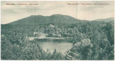 Szovátafürdő, Baile Sovata; Medve tó. 3-részes kinyitható panorámalap, Eugen Vass 1929. Nr. 226.a. / Lacul Ursu / lake. 3-tiled folding panoramacard