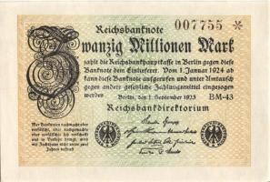 Német Birodalom / Weimari Köztársaság 1923. 20.000.000M (3x) egymás utáni sorszámokkal T:I