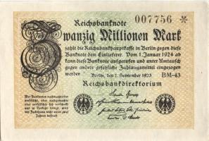 Német Birodalom / Weimari Köztársaság 1923. 20.000.000M (3x) egymás utáni sorszámokkal T:I