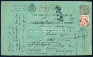 1872 Complete Money order with 5kr "HERCZEG-SZÖLLŐS / BARANYA. M.", 1872 5kr Postautalvány kuponnal és 5kr kiegészítéssel "HERCZEG-SZÖLLŐS / BARANYA. M."