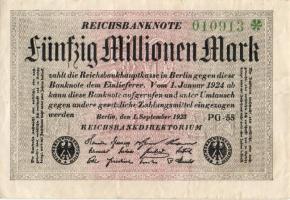 Német Birodalom / Weimari Köztársaság 1923. 50.000.000M (6x) fehér papíron, közte egymás utáni ill. ...