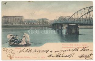 1905 Lippa, Lipova); Kereskedelmi iskola és vashíd. Montázs csónakázókkal, Konstantin Sándor kiadása / bridge, school. Montage with boat