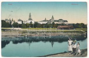 1916 Arad, Marospart, templomok. Montázs gyerekekkel / Mures riverside, churches. Montage with children (EK)