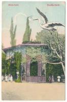 1908 Buziás-fürdő, Baile Buzias; Mihály forrás. Montázs gólyával, Francz testvérek kiadása / mineral water spring. Montage with stork