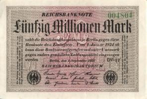 Német Birodalom / Weimari Köztársaság 1923. 50.000.000M (8x) fehér papíron, közte egymás utáni ill. ...