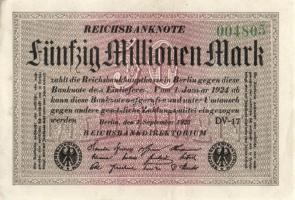 Német Birodalom / Weimari Köztársaság 1923. 50.000.000M (8x) fehér papíron, közte egymás utáni ill. ...