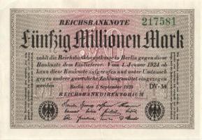 Német Birodalom / Weimari Köztársaság 1923. 50.000.000M (8x) fehér papíron, közte egymás utáni ill. ...