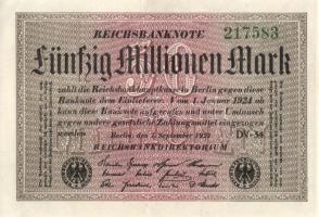 Német Birodalom / Weimari Köztársaság 1923. 50.000.000M (8x) fehér papíron, közte egymás utáni ill. ...