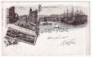 1897 (Vorläufer) Fiume, Rijeka; Corso, Hafen, Tersatto mit Schloss / port, Trsat with castle, street view. Marco Oberdorfer Art Nouveau, floral, litho (r)