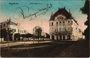 Nagykároly, Carei; Széchenyi utca, Kereskedelmi és Iparbank, gyógyszertár. Eigner Simon kiadása / street viwe, bank, pharmacy (EB)