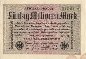 Német Birodalom / Weimari Köztársaság 1923. 50.000.000M (5x) fehér papíron, közte egymás utáni ill. kis ugrású sorszámokkal T:II