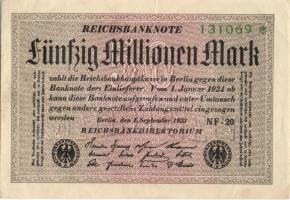 Német Birodalom / Weimari Köztársaság 1923. 50.000.000M (5x) fehér papíron, közte egymás utáni ill. ...