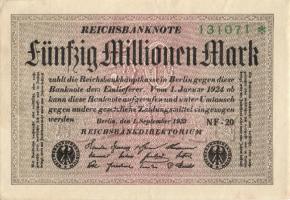 Német Birodalom / Weimari Köztársaság 1923. 50.000.000M (5x) fehér papíron, közte egymás utáni ill. ...