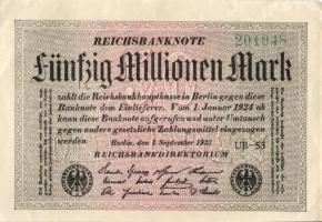 Német Birodalom / Weimari Köztársaság 1923. 50.000.000M (5x) fehér papíron, közte egymás utáni ill. ...