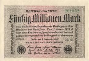 Német Birodalom / Weimari Köztársaság 1923. 50.000.000M (5x) fehér papíron, közte egymás utáni ill. ...