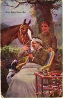 1917 Sein Kampfgenosse / WWI German military art postcard, injured soldier with his horse. B.K.W.I. 930-13. (ázott / wet damage)