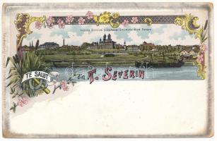 Turnu Severin, Szörényvár; Vederea Bisericei si Spitalului Grecescu dupa Dunáre / Danube river. D.R. Raducanescu Art Nouveau, floral, litho (worn corners)