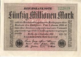 Német Birodalom / Weimari Köztársaság 1923. 50.000.000M (3x) fehér papíron, egymás utáni ill. közeli sorszámokkal T:I,I-