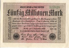 Német Birodalom / Weimari Köztársaság 1923. 50.000.000M (3x) fehér papíron, egymás utáni ill. közeli...