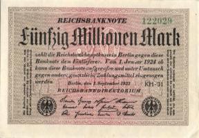 Német Birodalom / Weimari Köztársaság 1923. 50.000.000M (3x) fehér papíron, egymás utáni ill. közeli...