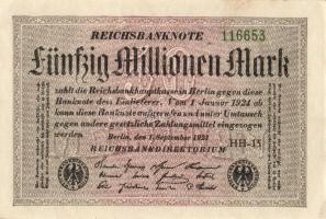 Német Birodalom / Weimari Köztársaság 1923. 50.000.000M (2x) fehér papíron, egymás utáni sorszámokka...