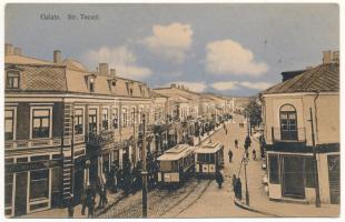 1910 Galati, Galatz; Strada Tecuci / street, shops, trams