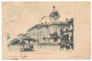 1906 Bucharest, Bukarest, Bucuresti, Bucuresci; Liceul Lazar / school, street, horse-drawn tram (fl)