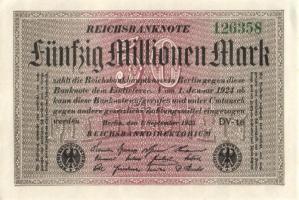 Német Birodalom / Weimari Köztársaság 1923. 50.000.000M (4x) fehér papíron, közte egymás utáni ill. közeli sorszámokkal T:I,I-,II+