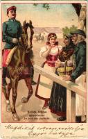 1899 (Vorläufer) Szülők öröme / Austro-Hungarian K.u.K. military art postcard with hussar. Verlag Emil Storch, Wien. Lith. u. Druck Kosmos Budapest S. VIII. litho (gyűrődés / crease)