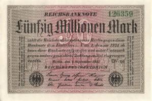 Német Birodalom / Weimari Köztársaság 1923. 50.000.000M (4x) fehér papíron, közte egymás utáni ill. ...