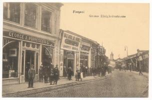 Focsani, Foksány (Moldavia); Grosse Einigkeitstrasse / Bazarul de mobile La Centrala Samuil Marcu, George J. Poppescu &amp; Co., Mode E. Spigler / street, shops