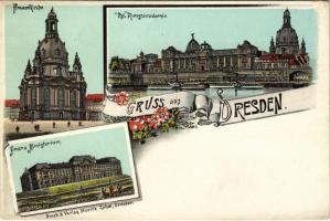 Dresden, Frauenkirche, Kgl. Kunstacademie, Finanz Ministerium. Druck & Verlag Moritz Zobel. Art Nouveau, floral, litho (EK)