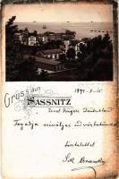 1894 (Vorläufer!!!) Sassnitz (Rügen), general view. Lithogr. Kunstanstalt v. Carl Garte. Art Nouveau, litho (tear)