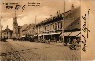 1904 Nagybecskerek, Zrenjanin, Veliki Beckerek; Hunyadi utca, piac, üzletek / Hunyadygasse / street view, market, shops (fa)