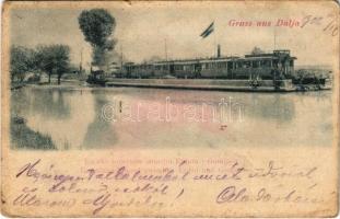 1902 Dálya, Dalja, Dalj; Gőzkomp Gombos és Erdőd között a szabad Dunán, gőzmozdony kompra állítása. Kiadja Selzer és Rank / Eisenbahn-Traject zwischen Erdőd und Gombos auf der Donau / steam ferry with freight train between Bogojevo and Erdut on the Danube, locomotive (b)