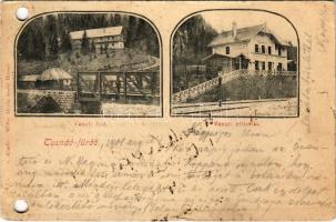 1908 Tusnádfürdő, Baile Tusnad; vasúti híd, vasútállomás. Müller Gyula utóda kiadása / railway bridge, railway station (lyukasztott / punched holes)