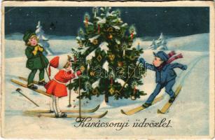 1926 Karácsonyi üdvözlet / Christmas greeting art postcard with skiing children, winter sport. WSSB 9572. (EK)