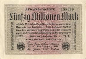 Német Birodalom / Weimari Köztársaság 1923. 50.000.000M (7x) fehér papíron, közte egymás utáni ill. ...