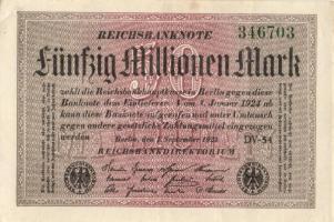 Német Birodalom / Weimari Köztársaság 1923. 50.000.000M (7x) fehér papíron, közte egymás utáni ill. ...