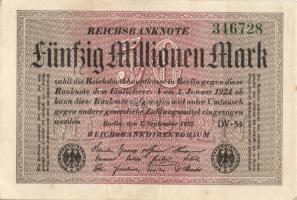 Német Birodalom / Weimari Köztársaság 1923. 50.000.000M (7x) fehér papíron, közte egymás utáni ill. ...