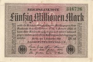 Német Birodalom / Weimari Köztársaság 1923. 50.000.000M (7x) fehér papíron, közte egymás utáni ill. ...