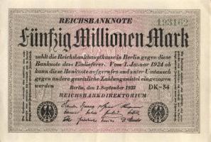 Német Birodalom / Weimari Köztársaság 1923. 50.000.000M (6x) fehér papíron, közte egymás utáni ill. ...