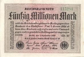 Német Birodalom / Weimari Köztársaság 1923. 50.000.000M (6x) fehér papíron, közte egymás utáni ill. ...