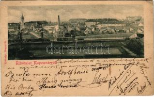1899 (Vorläufer) Kaposvár, látkép, vasútállomás, városi villanytelep, vonat. Kéthelyi kiadása (vágott / cut)