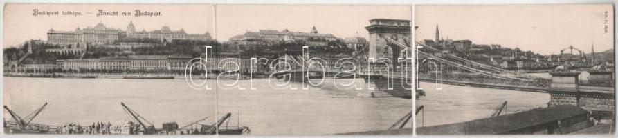 Budapest, Lánchíd, Királyi vár. 3-részes kihajtható panorámalap (szétesett) (b)